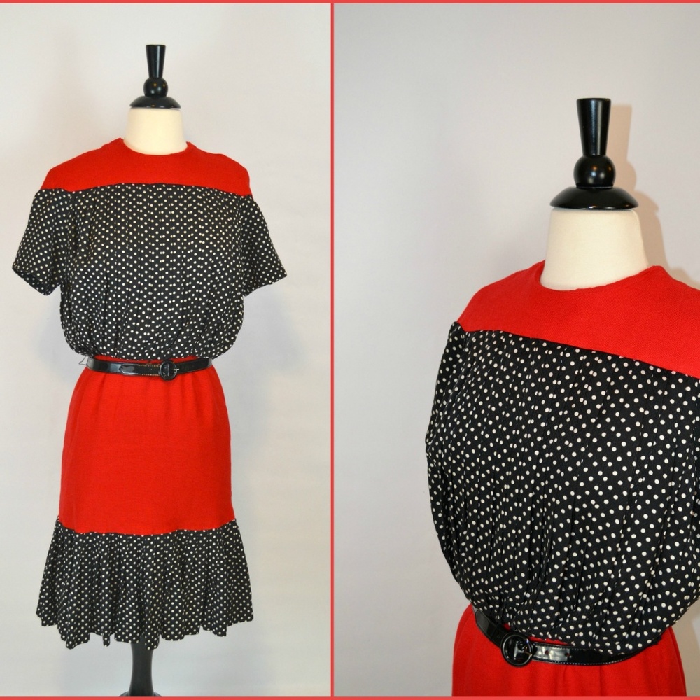 1970s Red, Black and White Polka Dot Dress